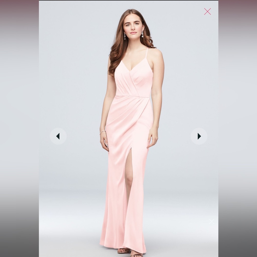 Spaghetti strap crepe-back satin David’s Bridal bridesmaid dress in color Petal
